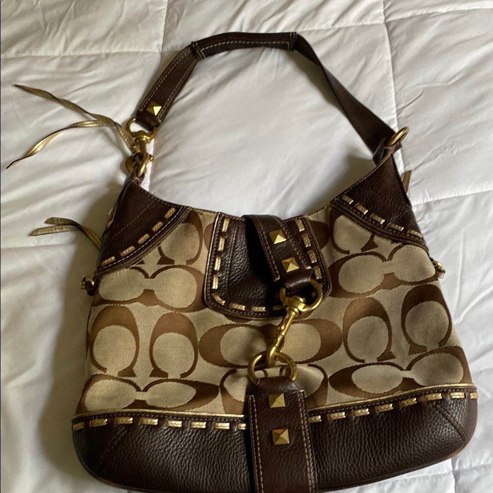 Coach Brown and Tan Signature Shoulder Bag with Gold-Tone Hardware